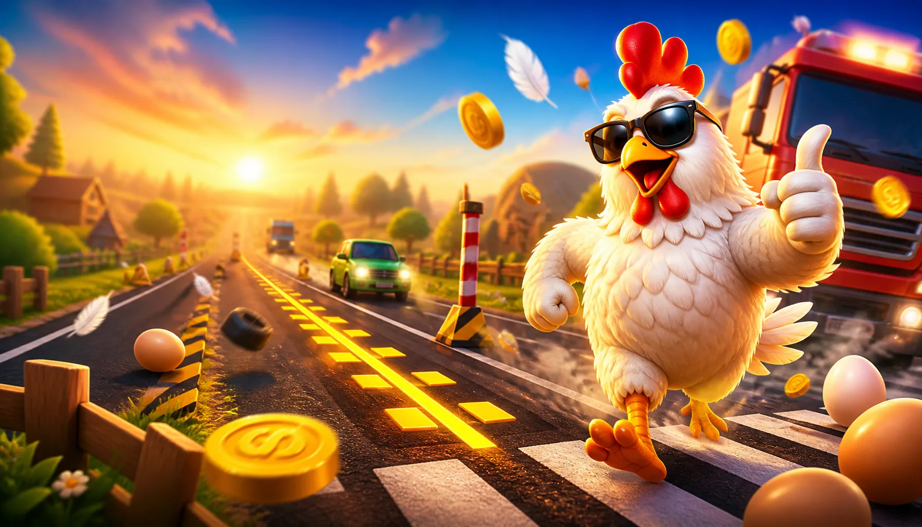 Hero banner for Chicken Road game featuring confident chicken crossing a dynamic road filled with traffic, coins, and eggs in