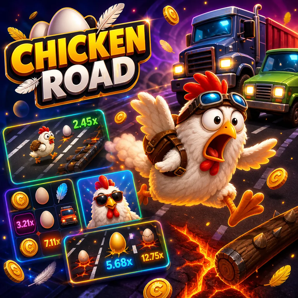 Square promo image for Chicken Road slot featuring a whimsical chicken, road lanes, and playful elements.